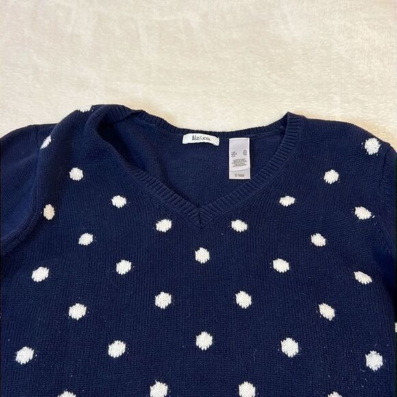 LIZ & CO V-Neck Navy with White Polka Dots Sweater - Size XL - Picture 5 of 8